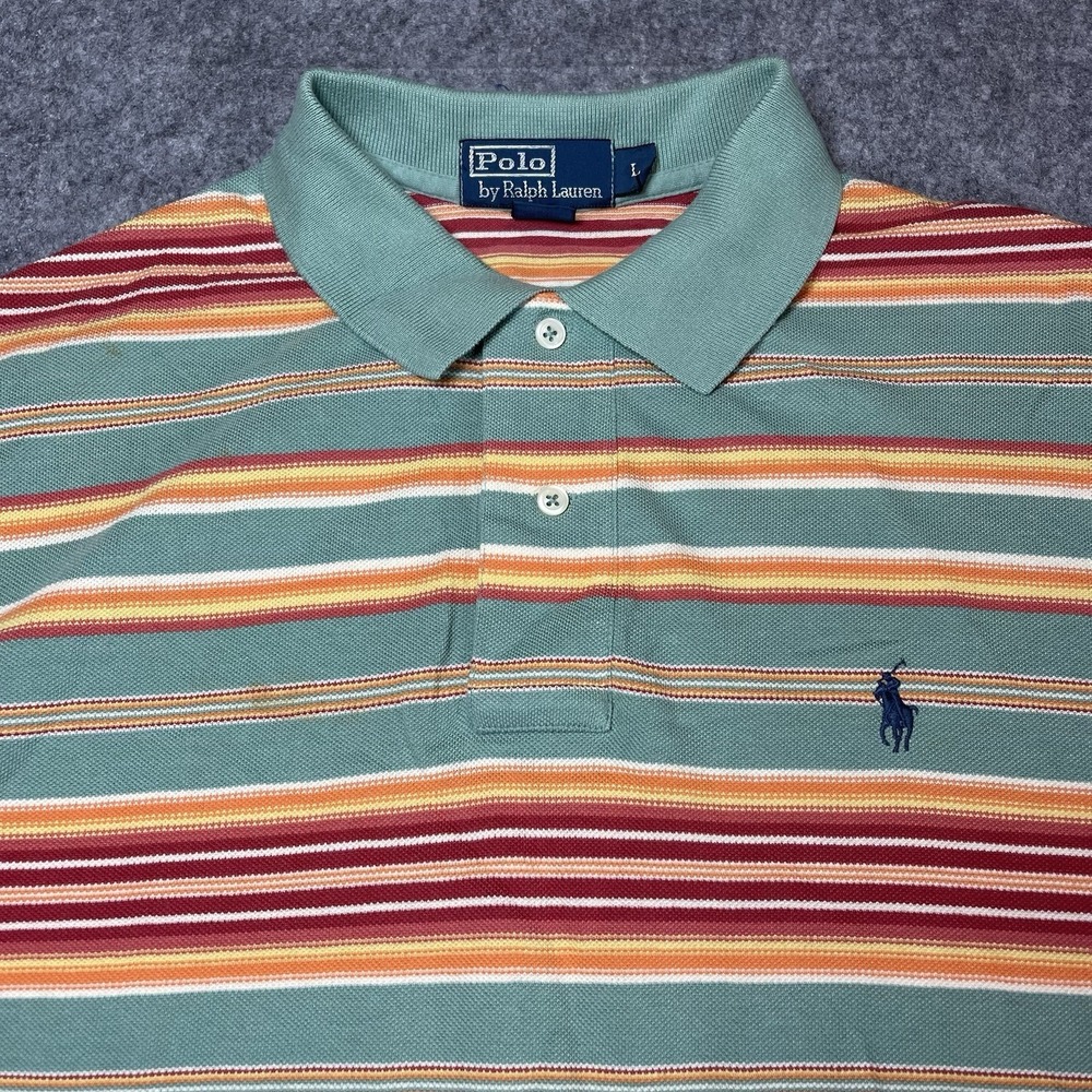 VTG Polo Ralph Lauren Striped Shirt Mens XL Green Orange Sunset Cotton Slit Hem - Picture 2 of 7
